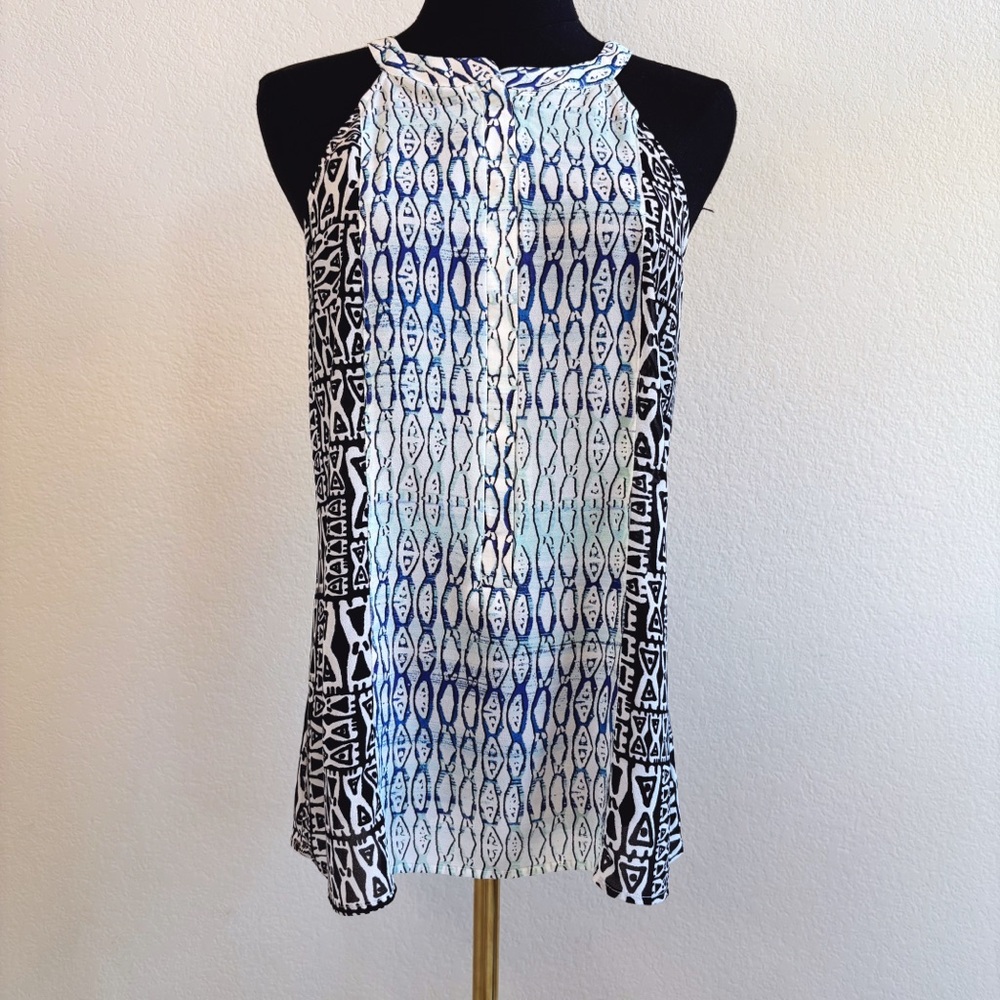 Sanctuary Tribal Print Sleeveless Blouse, Small, Blue,  White Geometric Tank top